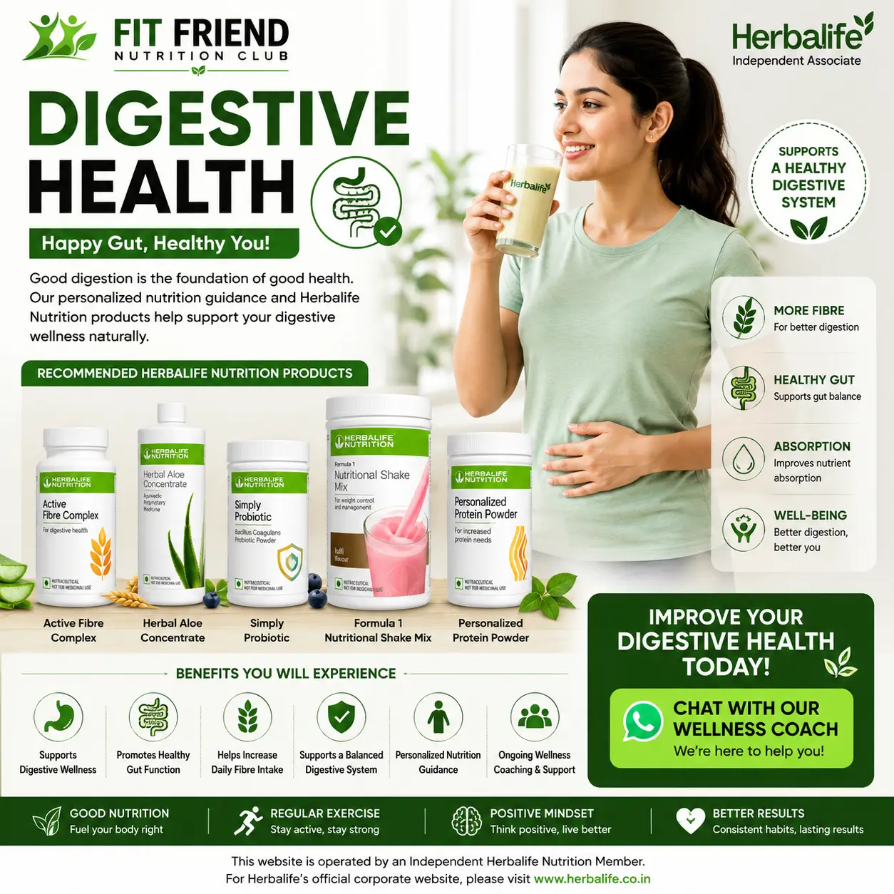 Digestive Health Program by Fit Friend Nutrition Club featuring Herbalife Nutrition products, personalized nutrition guidance, gut health support, fibre-rich nutrition, and wellness coaching from an Independent Herbalife Nutrition Member.