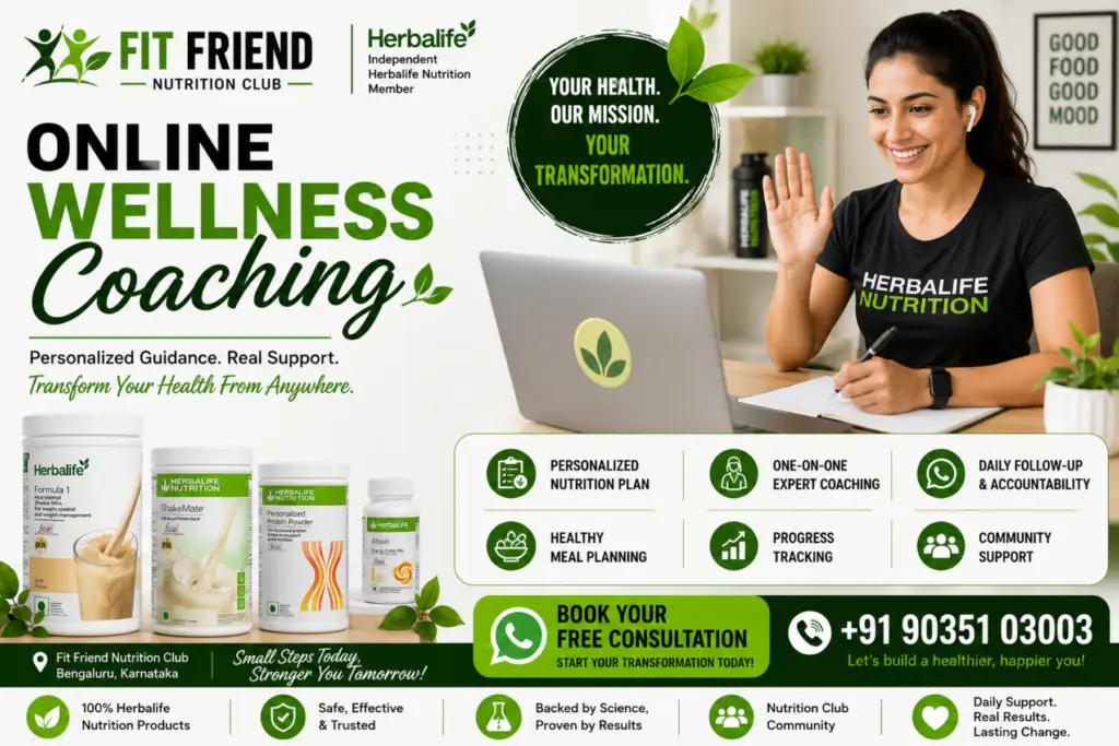 Online Wellness Coaching banner by Fit Friend Nutrition Club featuring personalized nutrition coaching, Herbalife Nutrition products, virtual consultation, and healthy lifestyle support.